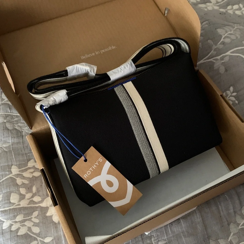 🆕 Rothy's Black Ivory Stripe Crossbody Bag Purse Shoulder Bag Sleek Pocket Zip